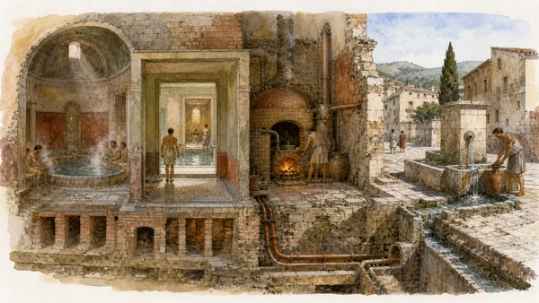 Original documentary watercolour of Baths, fountains and water: urban infrastructure in Campania, showing accurate heritage, terrain and present-day use