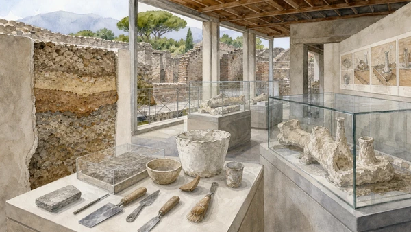 Original documentary watercolour of Casts, excavation and conservation: Pompeii after discovery in Campania, showing accurate heritage, terrain and present-day use
