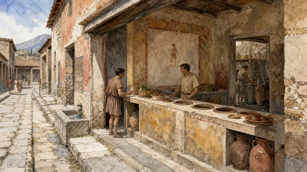 Original documentary watercolour of Shops and food counters: production, service and street economy in Campania, showing accurate heritage, terrain and present-day use