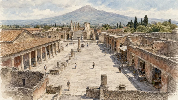Original documentary watercolour of The Forum: government, worship and exchange in Campania, showing accurate heritage, terrain and present-day use