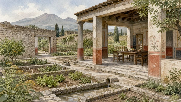 Original documentary watercolour of Gardens and cultivated plots: food, scent and display in Campania, showing accurate heritage, terrain and present-day use