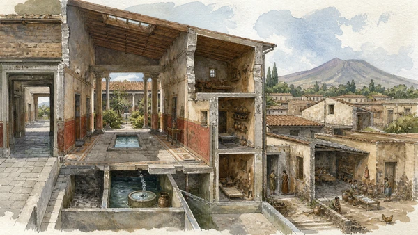 Original documentary watercolour of Houses: atrium, garden and unequal domestic life in Campania, showing accurate heritage, terrain and present-day use