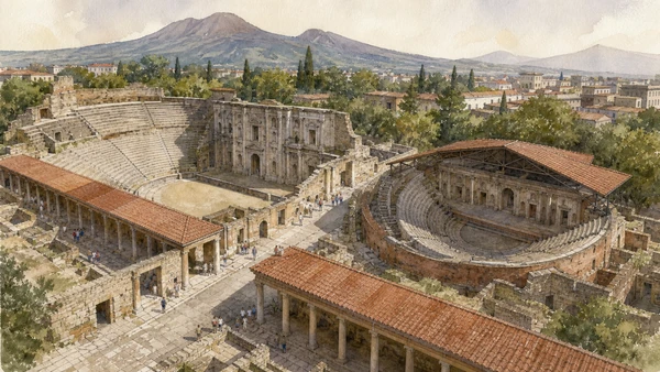 Original documentary watercolour of Theatres and entertainment district: performance beside worship in Campania, showing accurate heritage, terrain and present-day use