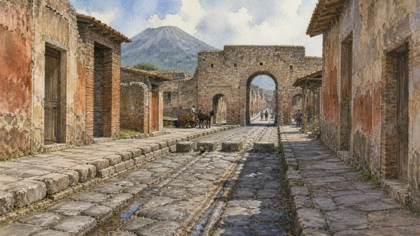 Original documentary watercolour of Walls, gates and streets: the urban frame in Campania, showing accurate heritage, terrain and present-day use