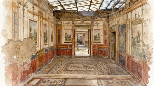 Original documentary watercolour of Painted rooms and mosaics: decoration in context in Campania, showing accurate heritage, terrain and present-day use
