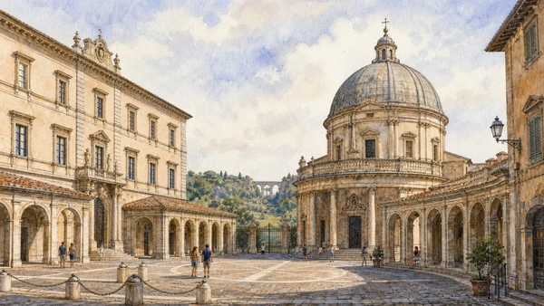 Original documentary watercolour of Ariccia's Piazza di Corte with Palazzo Chigi, Santa Maria Assunta, porticoes and the monumental bridge beyond
