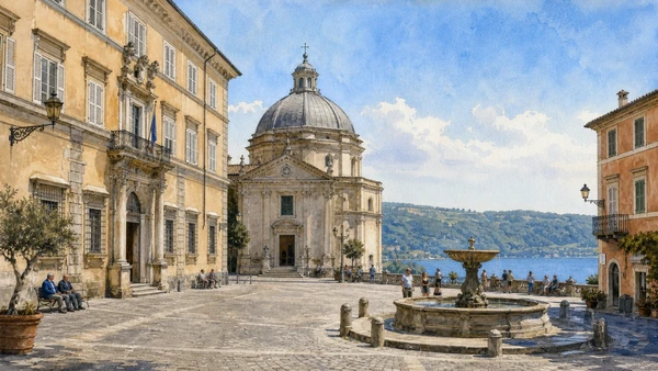 Original documentary watercolour of Piazza della Libertà at Castel Gandolfo with the Papal Palace, Bernini's church and a controlled glimpse toward Lake Albano