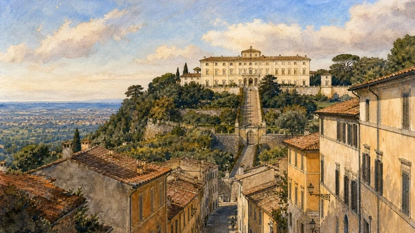 Original documentary watercolour from Frascati's urban axis toward Villa Aldobrandini high on its terraced slope, with gates and controlled garden access visible
