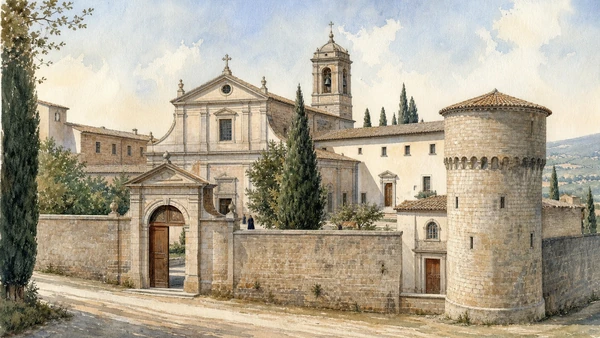 Original documentary watercolour of the fortified Greek Abbey of San Nilo at Grottaferrata with church, walls and discreet signs of living monastic use