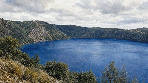 Original documentary watercolour looking across Lake Albano's steep double-crater basin with the ancient emissary mouth shown at a safe documented distance