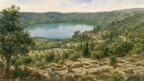 Original documentary watercolour across Lake Nemi toward wooded crater slopes and the fragmentary sanctuary terraces of Diana on the northern shore