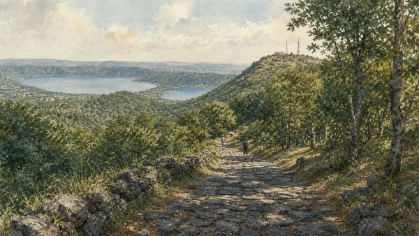 Original documentary watercolour of the basalt-paved Via Sacra climbing through chestnut woodland toward Monte Cavo with distant views of both volcanic lakes