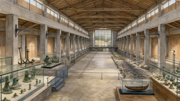 Original documentary watercolour inside the twin halls of the Nemi Roman Ships Museum showing empty ship-scale volumes, surviving fittings and restrained modern models rather than intact ships