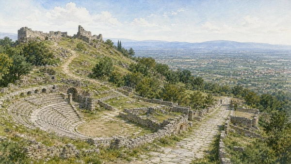 Original documentary watercolour of Tusculum's small Roman theatre, forum ridge and paths rising toward the medieval acropolis in the Alban Hills