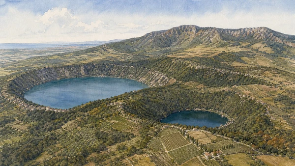 Original documentary watercolour diagrammatic landscape of the Alban Hills showing outer caldera ridges, inner heights and the separate basins of Lake Albano and Lake Nemi