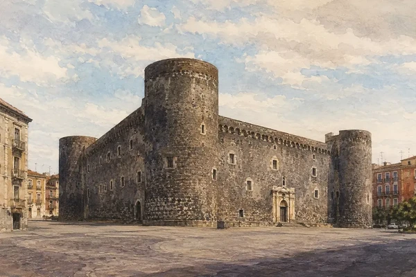 Catania: Lava, Baroque and the Living City 9 Watercolour view of the dark lava-stone walls and round towers of Castello Ursino