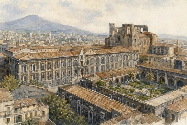 Catania: Lava, Baroque and the Living City 11 Watercolour panorama of the Benedictine Monastery of San Nicolò l'Arena and its cloisters