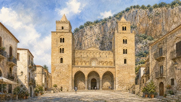 Documentary watercolour of Cefalu Cathedral's pale stone western facade in Piazza Duomo with its two heavy square towers, different upper crowns and the Rocca behind
