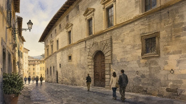 Città di Castello: Renaissance Art, Burri and Living Crafts 5 Original documentary watercolour showing Palazzo Albizzini — Burri Collection in its Citta di Castello urban or landscape context