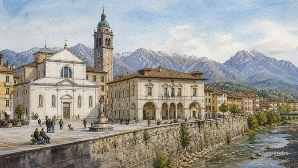 Original documentary watercolour of Belluno's Piazza Duomo, river terrace and Dolomite horizon
