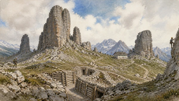 Original documentary watercolour of Cinque Torri with restrained climbers, restored trenches and refuge landscape