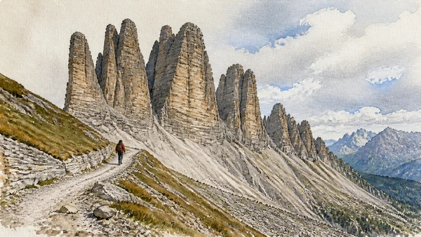 Original documentary watercolour cutaway-like view of Dolomite strata, towers, scree and ancient marine fossil interpretation