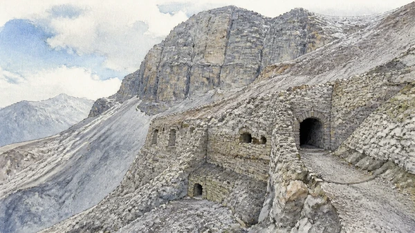 Original documentary watercolour of Lagazuoi tunnels, wartime positions and high mountain terrain treated with memorial restraint