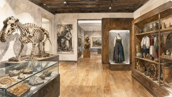 Original documentary watercolour triptych of Dolomite fossils, Ampezzo ethnographic objects and Mario Rimoldi modern art galleries
