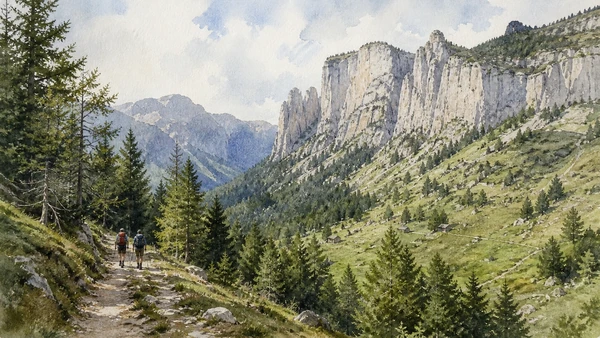 Original documentary watercolour of a Dolomiti Bellunesi National Park valley, forest, limestone cliffs and low-impact hikers