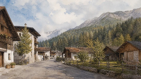Original documentary watercolour of Cortina centre, Ampezzo villages, meadows and collectively managed forest