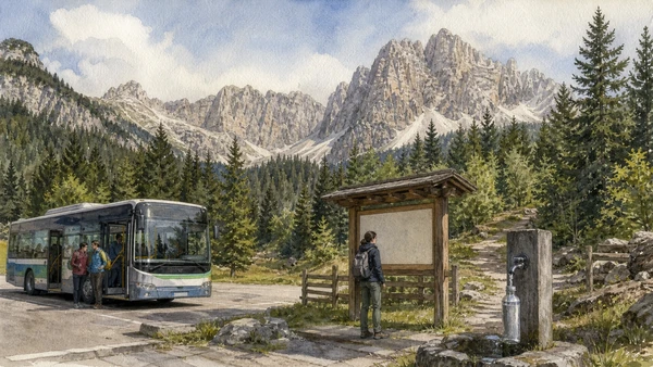 Original documentary watercolour of responsible mountain travel with bus, trail notice, refill point and protected Dolomite landscape