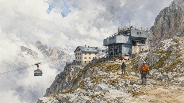 Original documentary watercolour of Tofane cable infrastructure, high station, refuge and changing weather