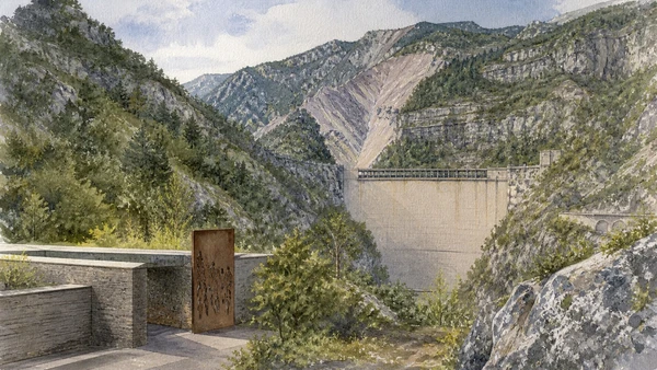 Original documentary watercolour of the Vajont dam, Monte Toc landslide scar and restrained memorial landscape