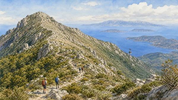 Original documentary watercolour of hikers and cableway on Monte Capanne's granite ridge above the Tuscan Archipelago