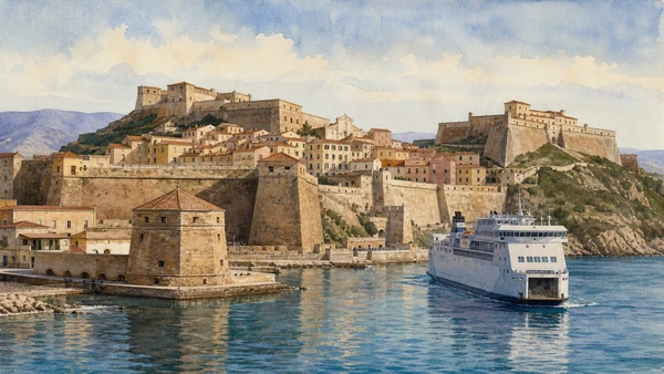 Original documentary watercolour of Portoferraio's Falcone, Stella and Linguella fortifications with a ferry entering the working harbour