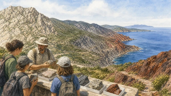 Original documentary watercolour of an interpreted Elba geological transect from Monte Capanne granite to eastern iron-rich coast