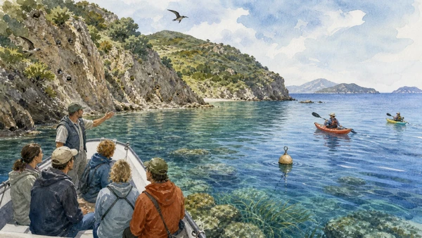 Original documentary watercolour of a park guide, mooring buoy, kayaks, seabirds and protected marine habitats in the Tuscan Archipelago