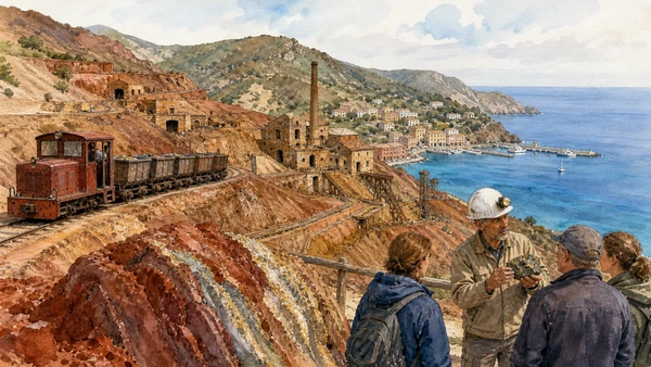 Original documentary watercolour of Rio Marina mines, mineral slopes, heritage train, guide and harbour