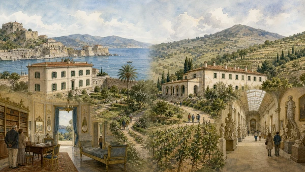 Original documentary watercolour comparing Palazzina dei Mulini and Villa San Martino with the later Demidoff gallery