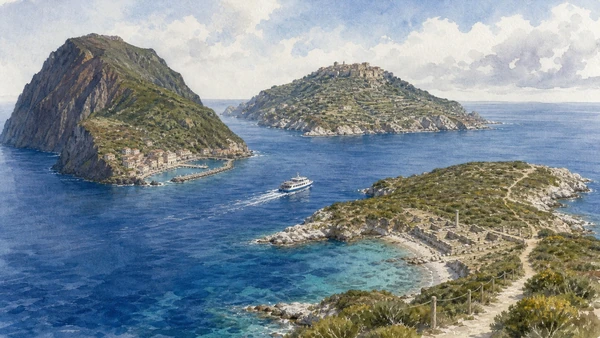 Original documentary watercolour comparing volcanic Capraia, granite Giglio and limestone Giannutri with a scheduled passenger boat
