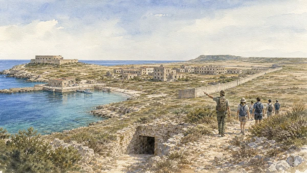 Original documentary watercolour of Pianosa's harbour, Forte Teglia, prison village, concrete wall, catacomb entrance and guided visitors