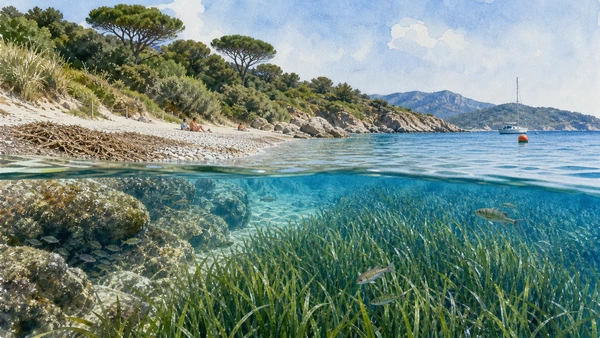 Original documentary watercolour above and below an Elba cove showing Posidonia meadow, dried leaves, fish, dune edge and safe mooring