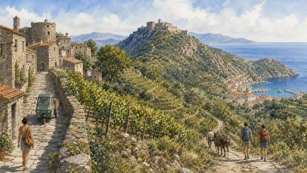 Original documentary watercolour of Marciana lanes, terraces, Volterraio fortress, trail and Porto Azzurro harbour