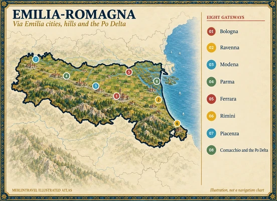 Illustrated map of Emilia-Romagna with eight numbered Merlintravel gateways