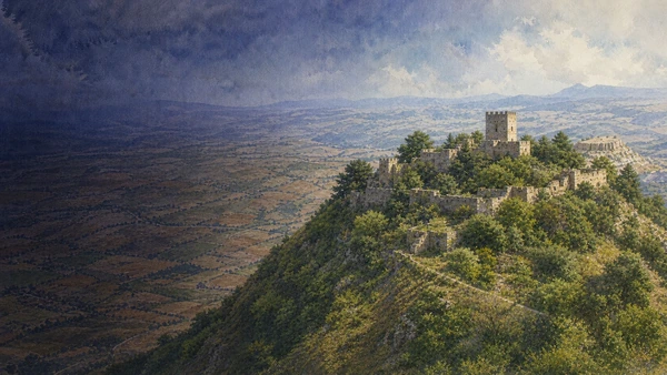 Documentary watercolour of Enna's Castello di Lombardia on the high ridge above the broad agricultural landscape of central Sicily