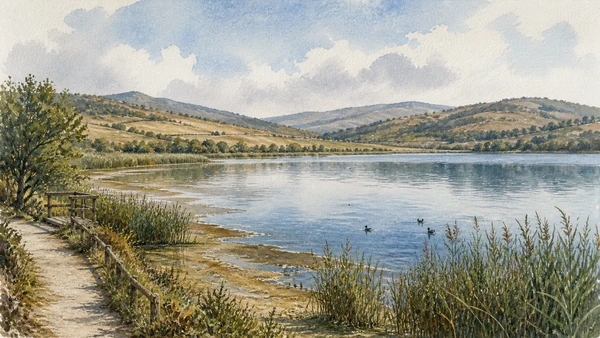 Documentary watercolour of Lake Pergusa with reed beds, seasonal shore, a modest path, small water birds and the surrounding Erei hills