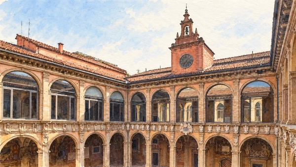 Watercolour: Archiginnasio Bologna courtyard with two levels of arcades and central clock belfry