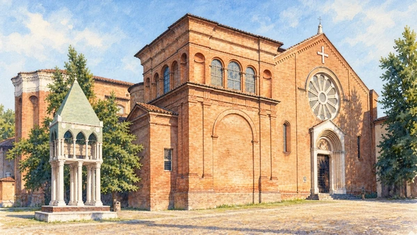Watercolour: Bologna San Domenico brick facade with rose window and a freestanding medieval tomb canopy