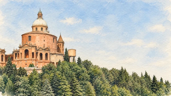Watercolour: San Luca sanctuary Bologna, terracotta church and pale dome above a wooded hill