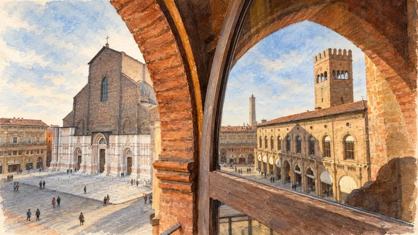 Watercolour: Bologna Piazza Maggiore seen through a brick arch, civic palace clock tower and San Petronio